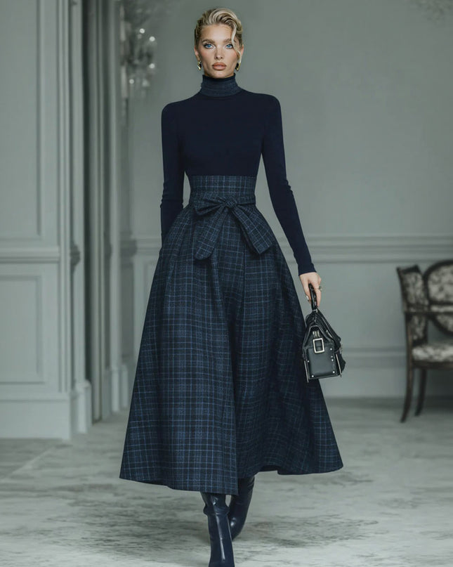 Exquisite High-neck Stretch Top And Plaid Skirt Two-piece Set