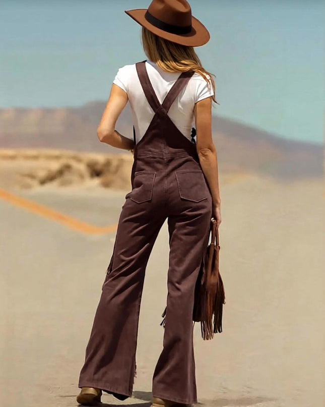 Retro Faux Suede Flared Overalls