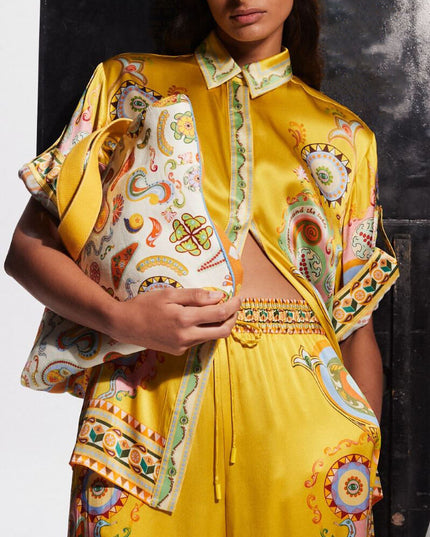 "Golden Paisley" Yellow Satin Paisley Print Two-Piece Set