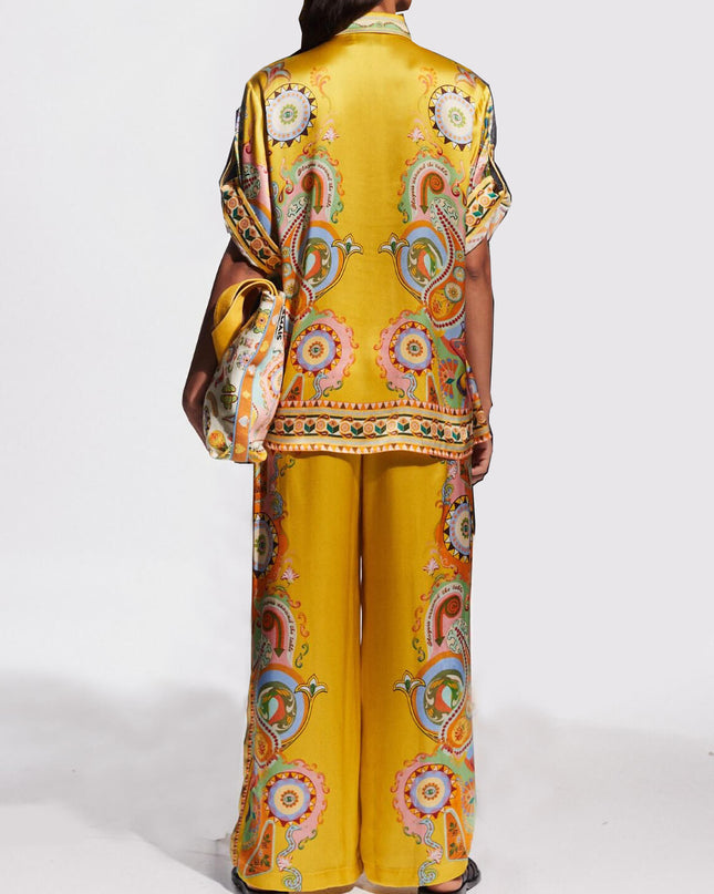 "Golden Paisley" Yellow Satin Paisley Print Two-Piece Set