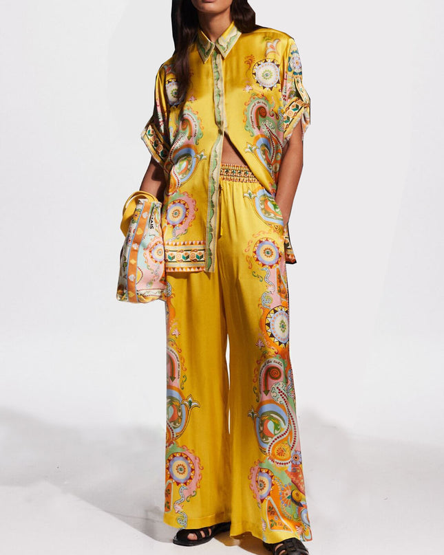 "Golden Paisley" Yellow Satin Paisley Print Two-Piece Set