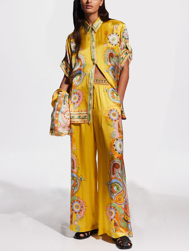 "Golden Paisley" Yellow Satin Paisley Print Two-Piece Set