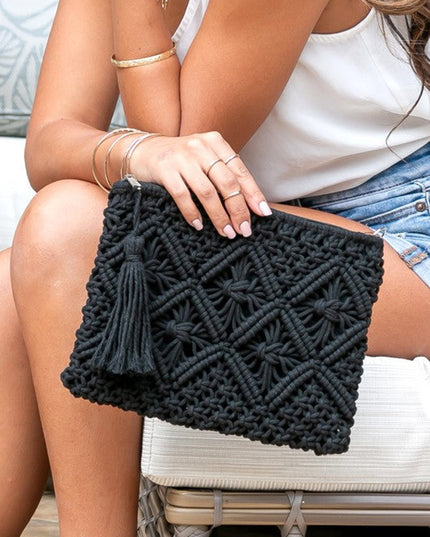 Diamond Pattern Macrame Tassel Clutch