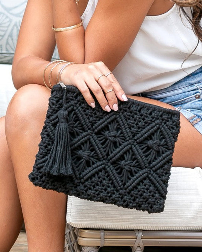 Diamond Pattern Macrame Tassel Clutch