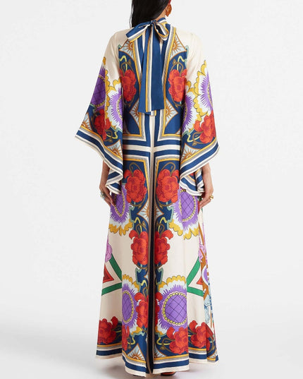 "Carnival Bloom" Multicolor Floral Patchwork Satin Maxi Dress