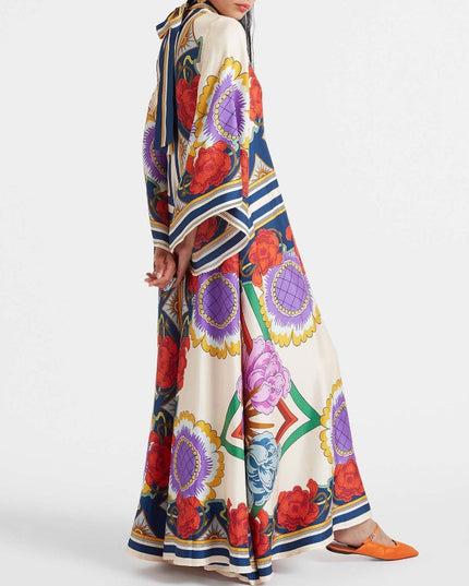 "Carnival Bloom" Multicolor Floral Patchwork Satin Maxi Dress