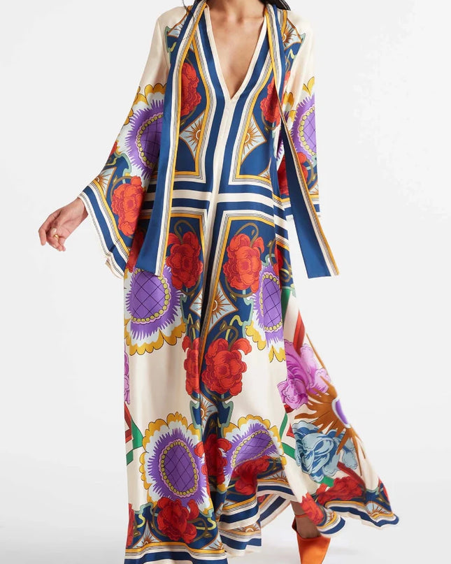 "Carnival Bloom" Multicolor Floral Patchwork Satin Maxi Dress