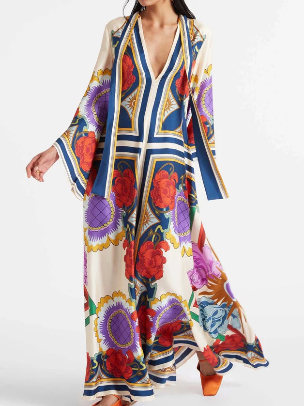 "Carnival Bloom" Multicolor Floral Patchwork Satin Maxi Dress