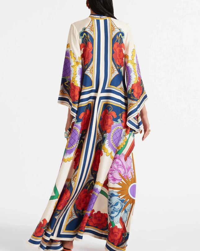"Carnival Bloom" Multicolor Floral Patchwork Satin Maxi Dress