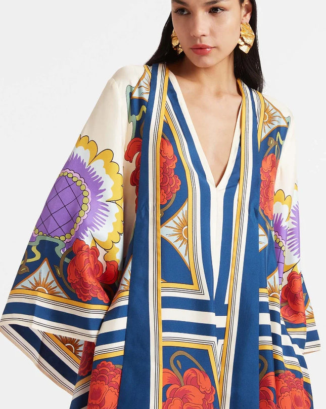 "Carnival Bloom" Multicolor Floral Patchwork Satin Maxi Dress