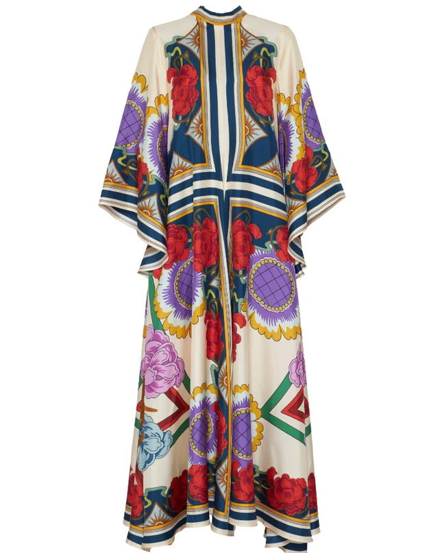"Carnival Bloom" Multicolor Floral Patchwork Satin Maxi Dress