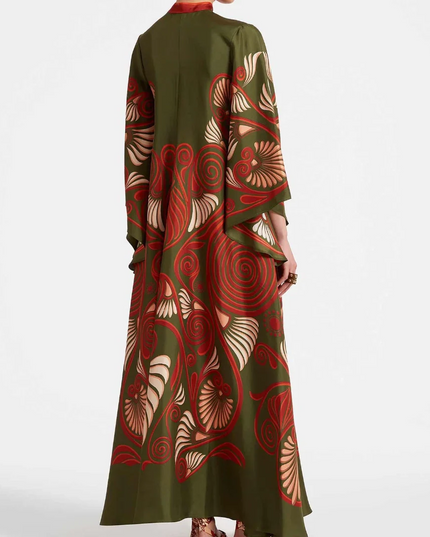 Green Abstract Swirl Print Satin Maxi Dress