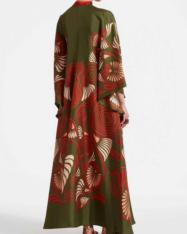 Green Abstract Swirl Print Satin Maxi Dress