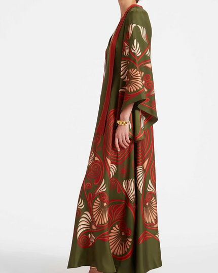 Green Abstract Swirl Print Satin Maxi Dress