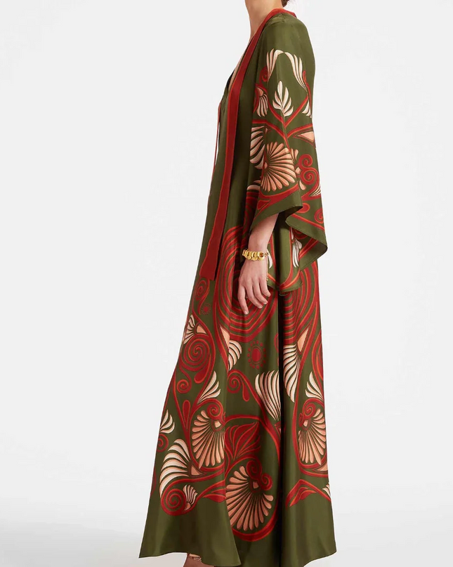 Green Abstract Swirl Print Satin Maxi Dress