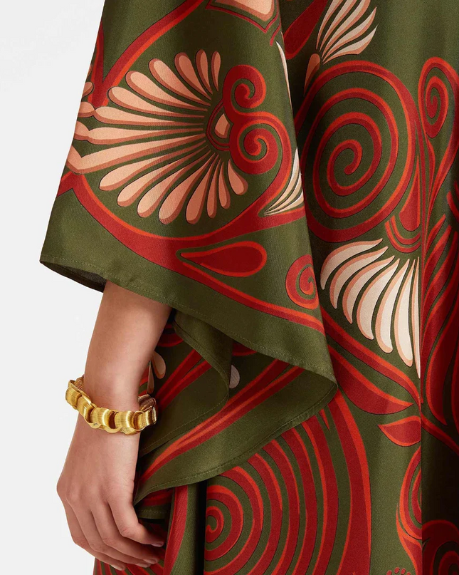 Green Abstract Swirl Print Satin Maxi Dress