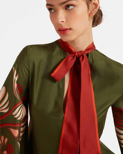 Green Abstract Swirl Print Satin Maxi Dress