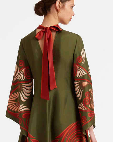 Green Abstract Swirl Print Satin Maxi Dress