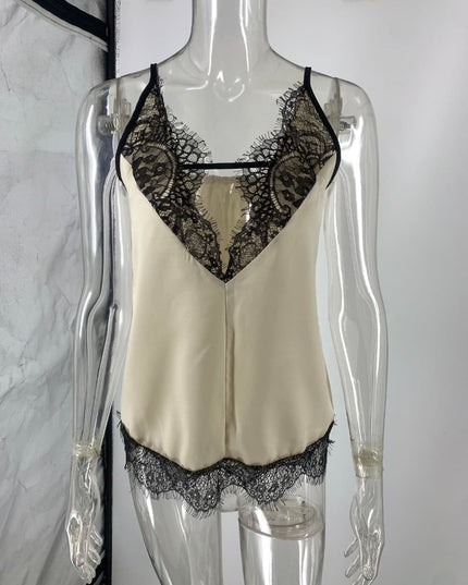 "Lace Allure" Satin Deep V-Neck Lace Trim Cami Top