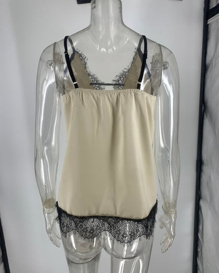 "Lace Allure" Satin Deep V-Neck Lace Trim Cami Top