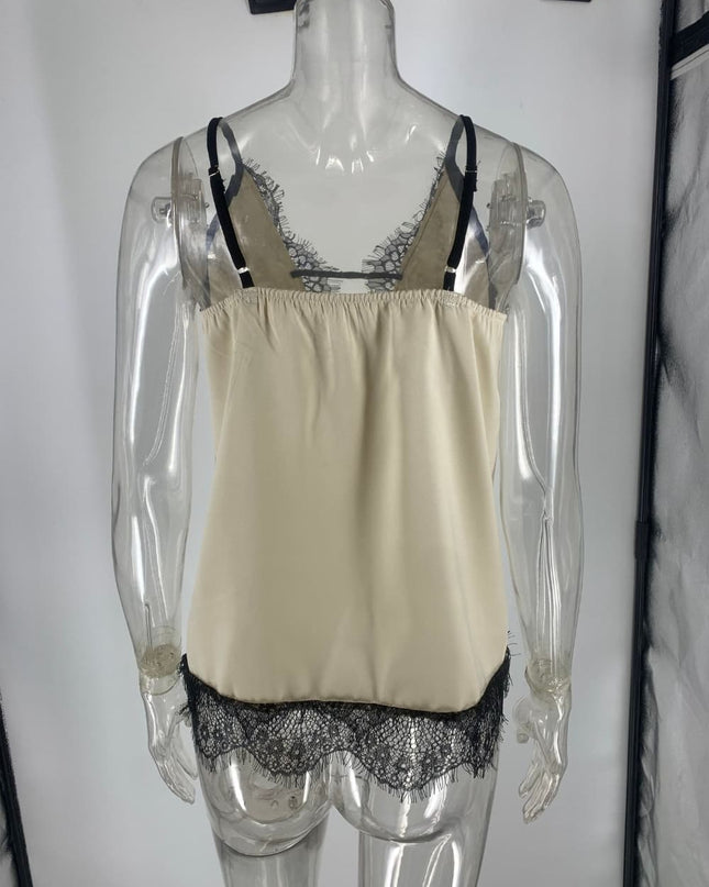 "Lace Allure" Satin Deep V-Neck Lace Trim Cami Top