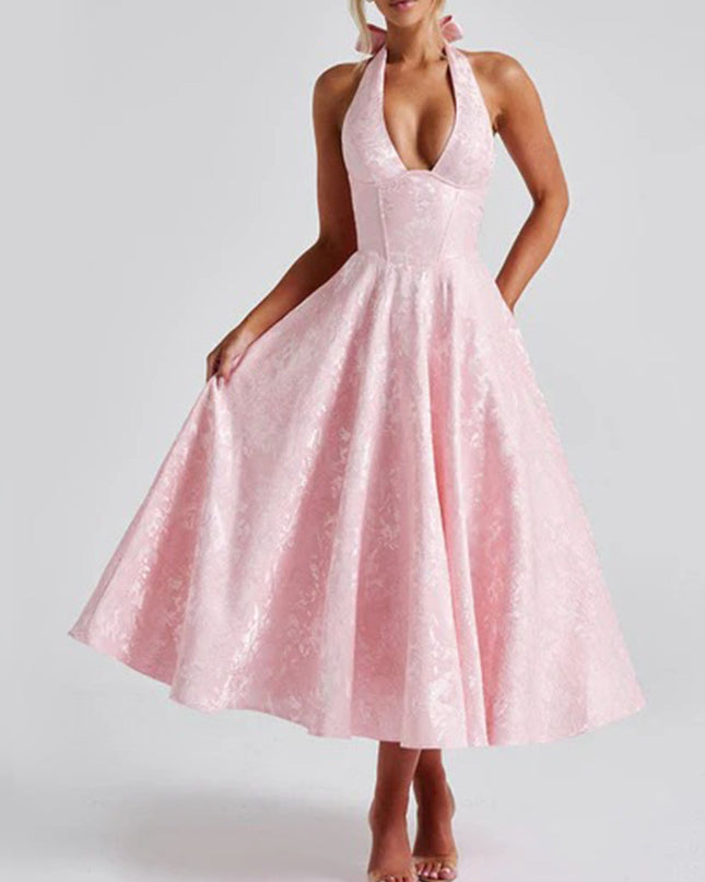 "Blush Jacquard" Halter Midi Dress