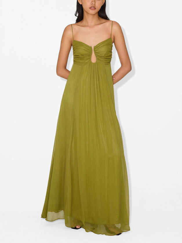 "Olive Whisper" Chiffon Cutout Maxi Dress