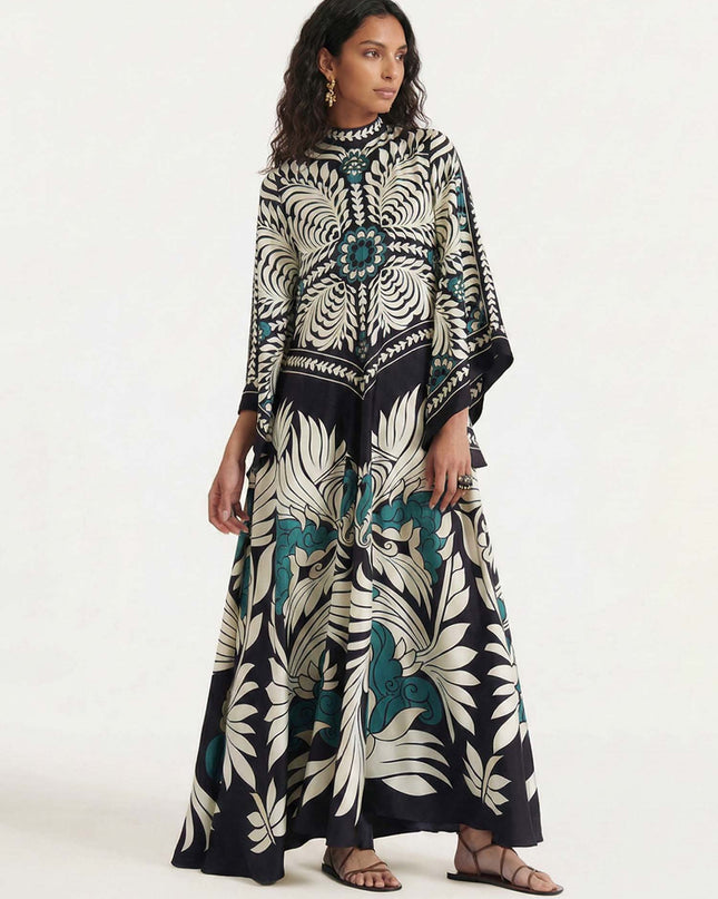 "Noir Tropics" Bold Floral Print Kaftan Maxi Dress