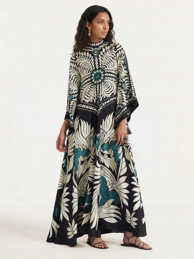"Noir Tropics" Bold Floral Print Kaftan Maxi Dress