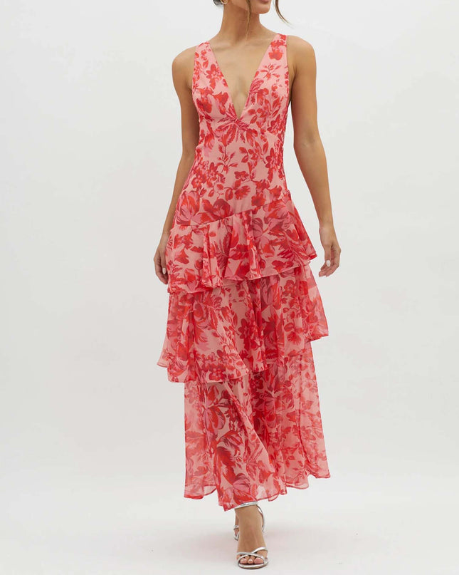 "Crimson Petal" Red Floral Tiered Maxi Dress