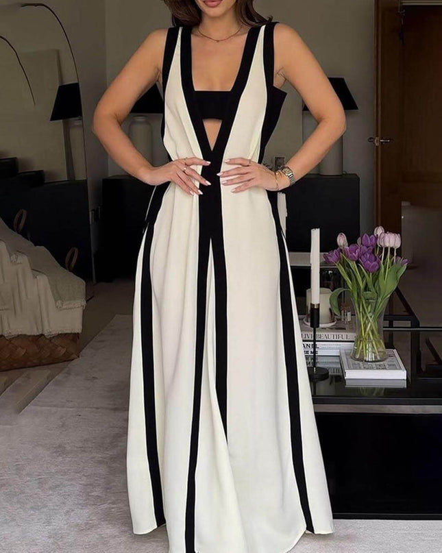 "Monochrome Stripe" Black & White Color-Block Cutout Maxi Dress
