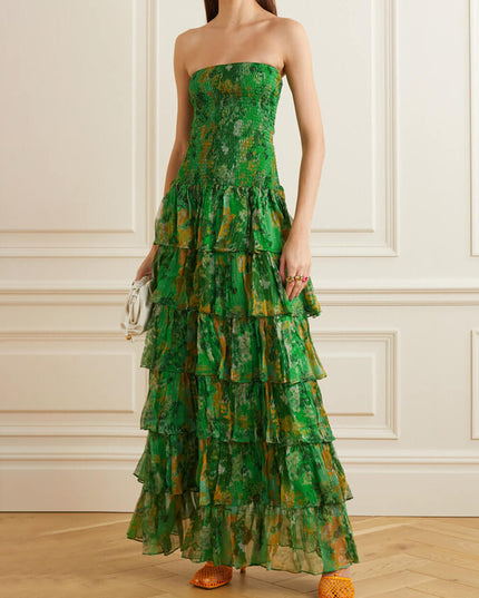 "Jungle Ruffle" Green Watercolor Print Strapless Tiered Maxi Dress