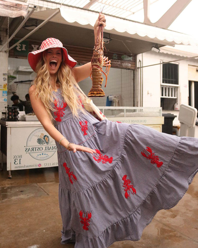 "Crawfish Picnic" Gingham & Lobster Embroidered Maxi Dress
