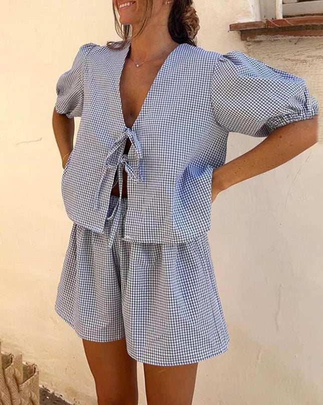 "Gingham Picnic" Blue Gingham Puff Sleeve Two-Piece Set