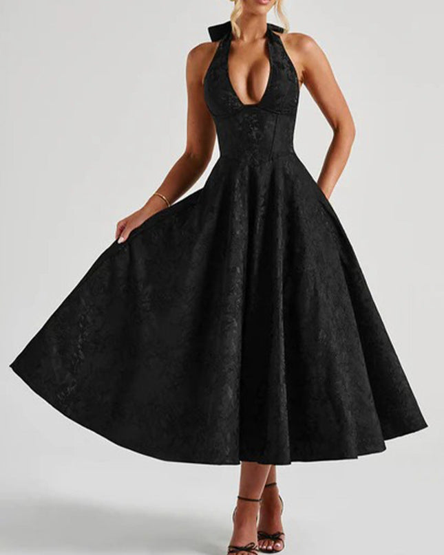 "Midnight Noir" Black Jacquard Halter Midi Dress