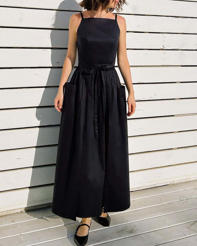"Classic Noir" Sleeveless Tie-Waist Maxi Dress