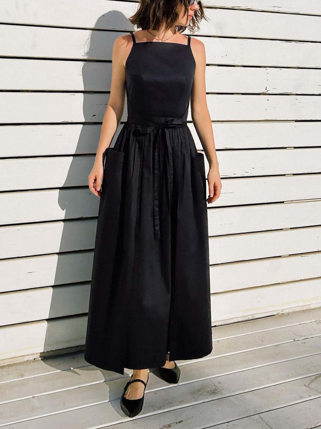 "Classic Noir" Sleeveless Tie-Waist Maxi Dress