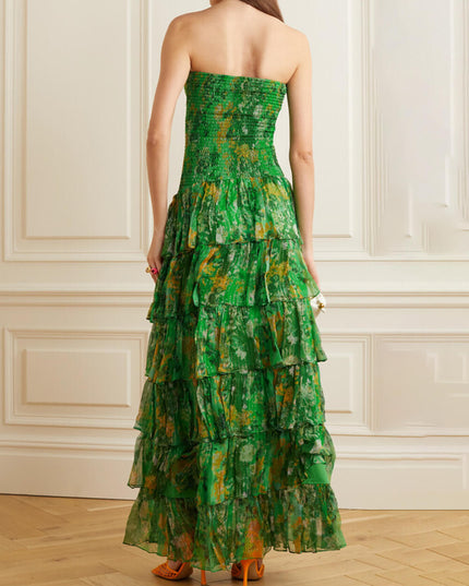 "Jungle Ruffle" Green Watercolor Print Strapless Tiered Maxi Dress