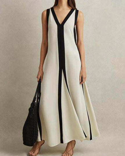 "Monochrome Stripe" Black & White Color-Block Cutout Maxi Dress