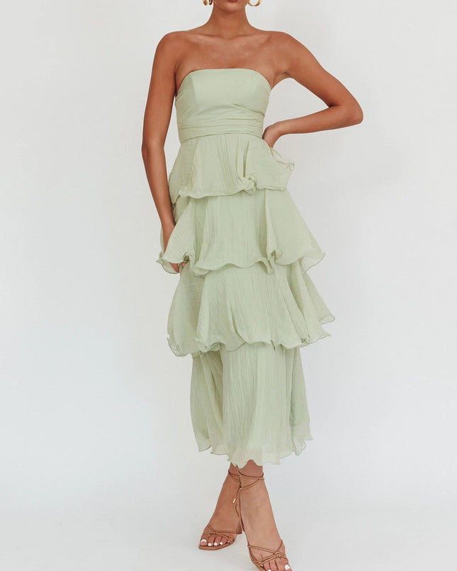 "Sage Ruffle" Strapless Tiered Maxi Dress