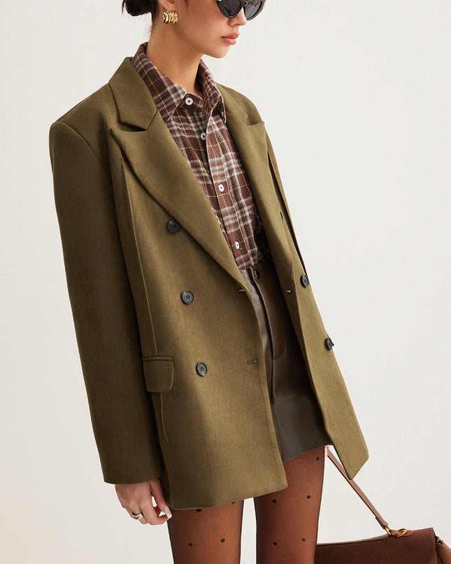 "Olive Tactical" Olive Faux Suede Double-Breasted Blazer