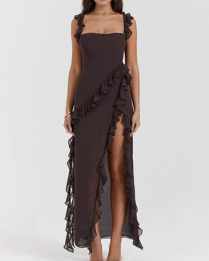 "Mocha Ruffle" Asymmetric Maxi Dress
