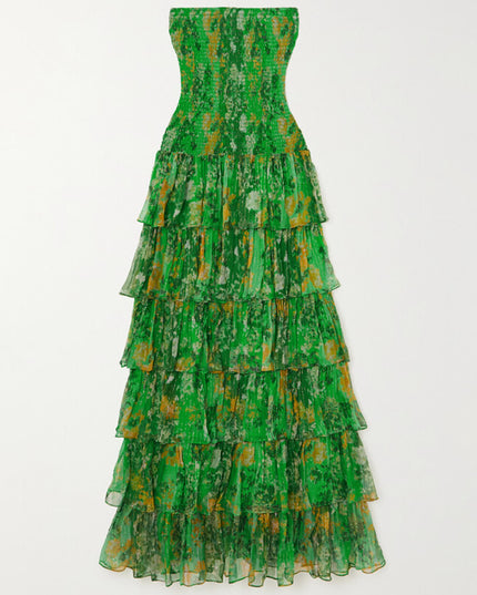 "Jungle Ruffle" Green Watercolor Print Strapless Tiered Maxi Dress