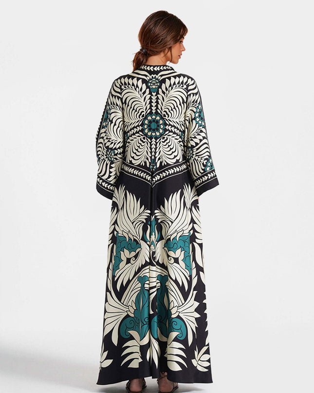 "Noir Tropics" Bold Floral Print Kaftan Maxi Dress