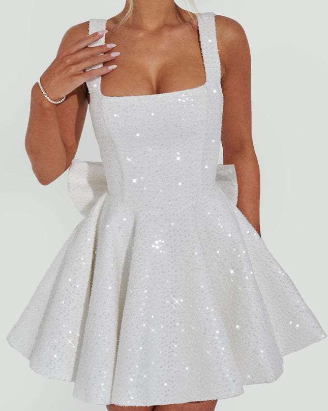 "Starlit Bow" Sequin Square Neck Mini Dress