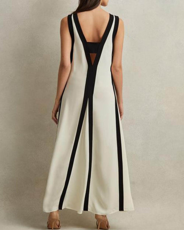 "Monochrome Stripe" Black & White Color-Block Cutout Maxi Dress