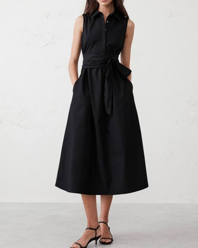 "Tie Waist Poplin" Sleeveless Midi Dress