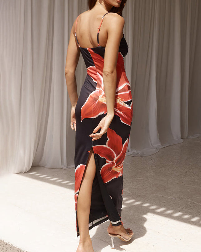 "Scarlet Lily" Black & Red Floral Print Bodycon Maxi Dress