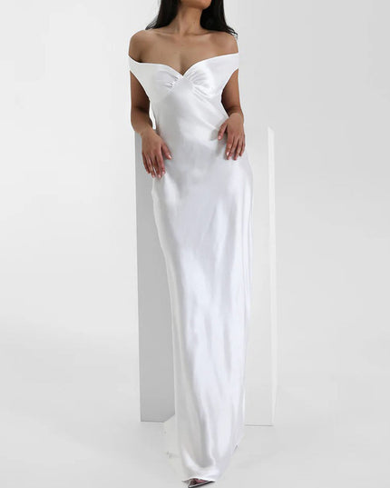 "Bridal Bliss" White Satin Off-the-Shoulder Maxi Dress