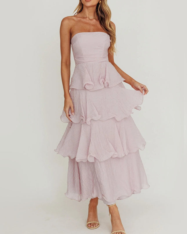 "Blush Whisper" Blush Strapless Tiered Maxi Dress